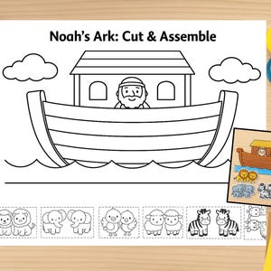 以下が含まれることがあります： 「Noah's Ark: Cut & Assemble」のテキストが入った、ノアの箱舟の白黒線画。切り抜かれた動物のペアと、箱舟の小さな木製パズルが含まれています。のり、はさみ、色鉛筆などのクラフト用品が見えます。