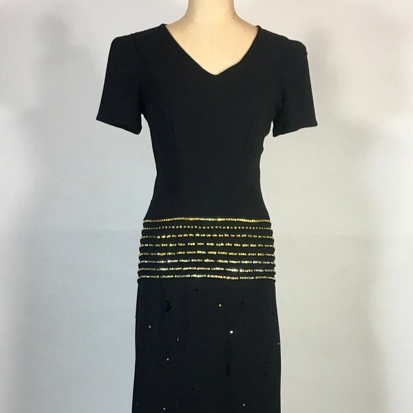 Vintage 1930's UNIQUE black w/gold Swarovski rhinestone & jet bead CELESTIAL dress Fashion Originators Guild of America label