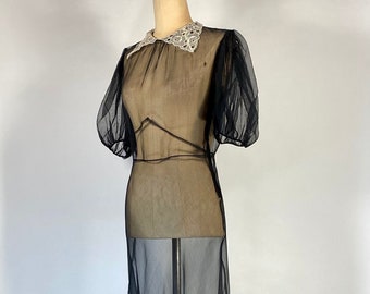 1930’s vintage sheer black mesh bias cut silk gown with lace collar and hem