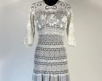Antique Edwardian 1890’s-1900’s intricate pieced lace, embroidered butterflies wedding dress gown