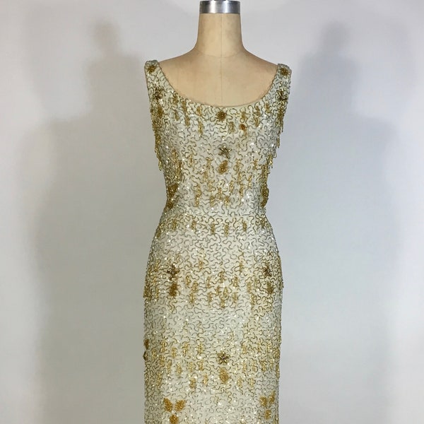 Vintage late 1950's Stunning Silver & Gold heavily beaded gown SAMUEL WINSTON by ROXANE