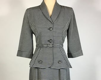 1940’s-1950's vintage 3pc Black & White tiny stripe fitted DYNAMIC skirt suit set with amazing structured jacket