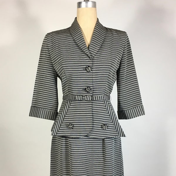 Vintage early 1950's 50s 3pc Black & White tiny stripe fitted DYNAMIC skirt suit set with amazing structured jacket