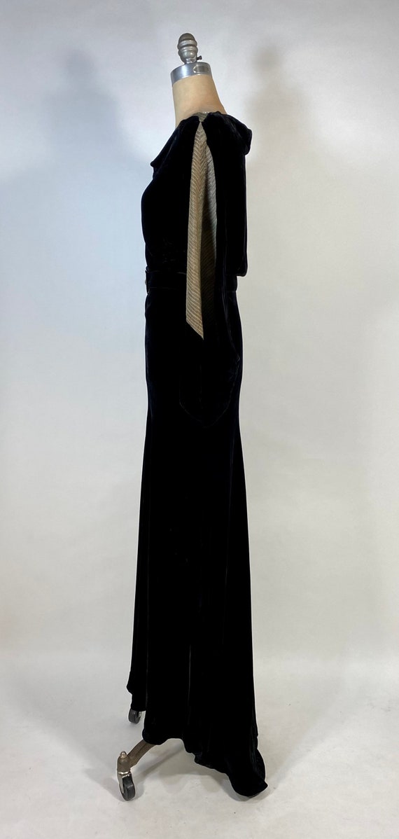 1930s vintage black silk bias cut gown with lamé pane… - Gem