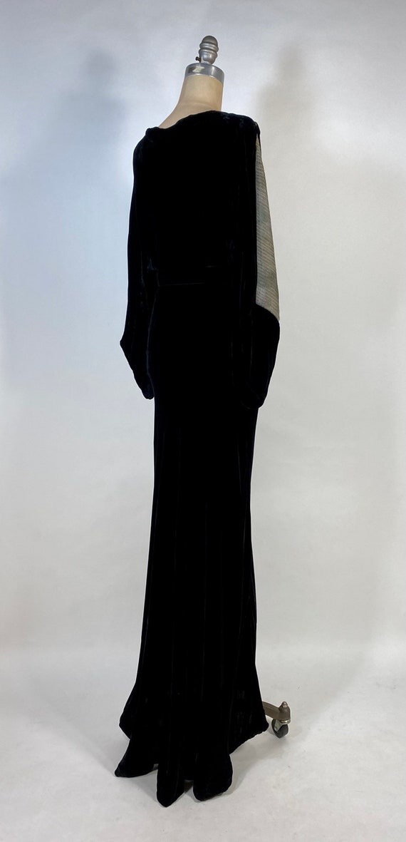 1930s vintage black silk bias cut gown with lamé pane… - Gem