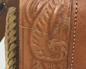 1990's Vintage Natural Hand-tooled Leather Satchel Cross 1990's Vintage Natural Hand-tooled Leather Satchel Cross