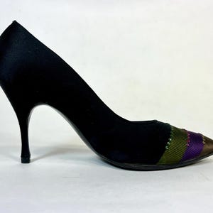 1950’s vintage fancy satin covered stiletto heels with rhinestone detail by Caprini size 7AA