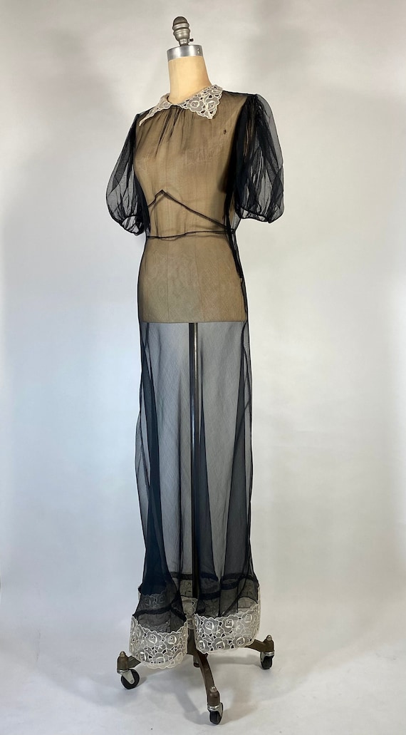 Vintage 1930’s sheer black mesh bias cut silk gown