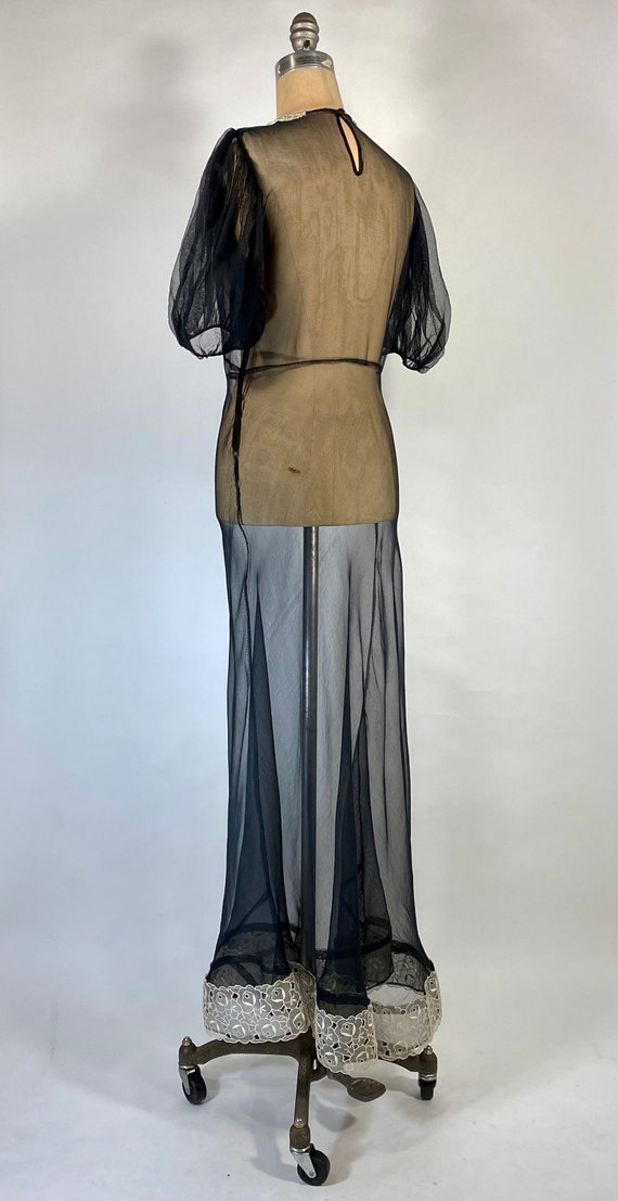 1930s Black Sheer Silk Tiered Gown with Voluminous Sleeves