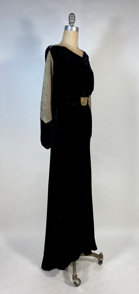1930s vintage black silk bias cut gown with lamé pane… - Gem