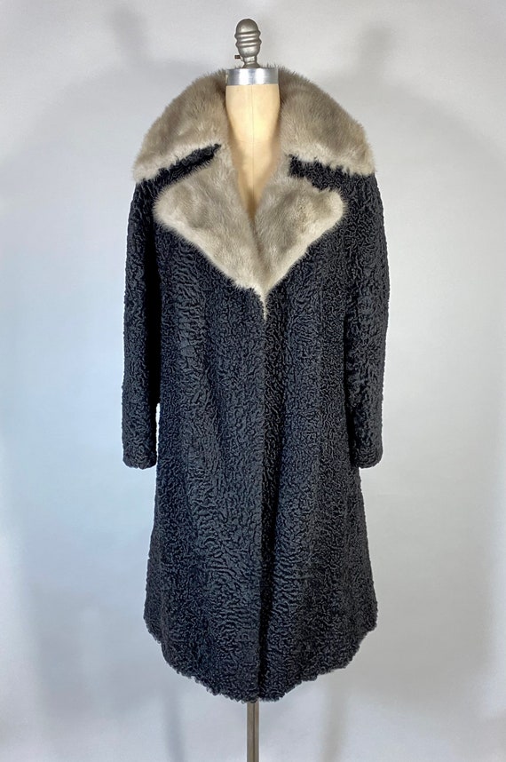 Vintage 1940s-50s Black Astrakhan Fur Coat With Blond-grey Mink 