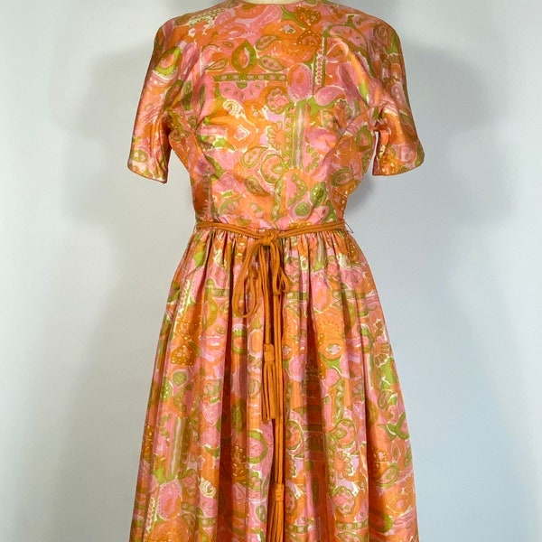 Vintage 1960’s floral mash-up print silk dress with tassel belt by Jeanne D’Arc