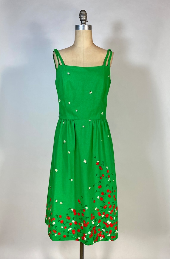 Vintage 1960’s-70’s Cherry print green cotton sun 