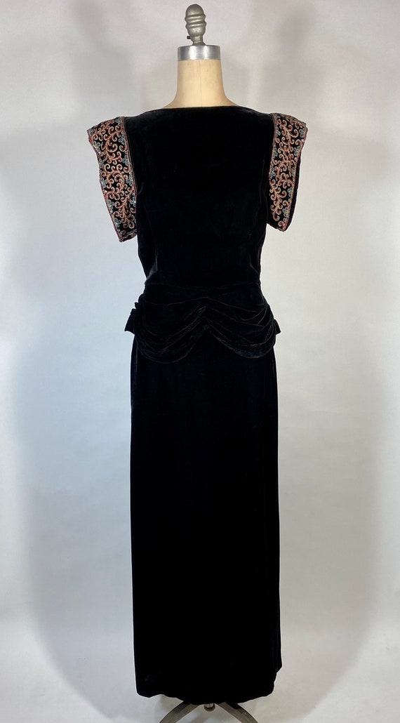 Vintage 1940’s black velvet gown with elaborate pe