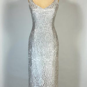 1990’s vintage stunning silver lace formal wear gown by Jessica McClintock
