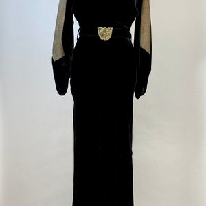 1930s vintage black silk bias cut gown with lamé panel bishop sleeves