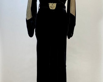 1930s vintage black silk bias cut gown with lamé panel bishop sleeves