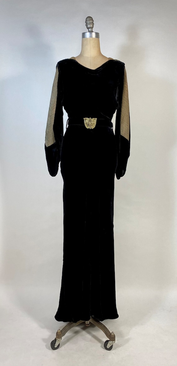 1930s vintage black silk bias cut gown with lamé pane… - Gem