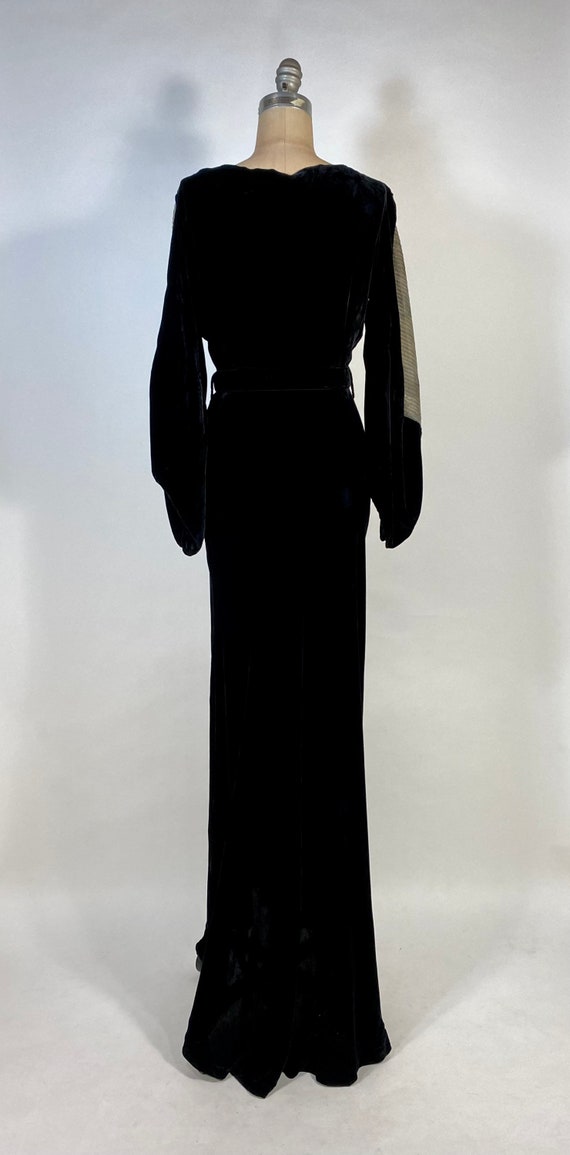 1930s vintage black silk bias cut gown with lamé pane… - Gem