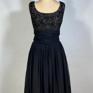 Vintage 1950’s-60’s little black cocktail dress with soutache ruching and sequin bodice details by Joan Barrie