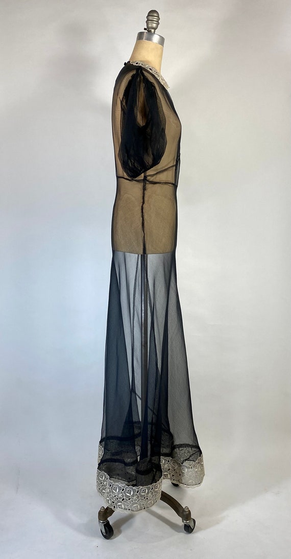 Vintage 1930’s sheer black mesh bias cut silk gown wi… - Gem