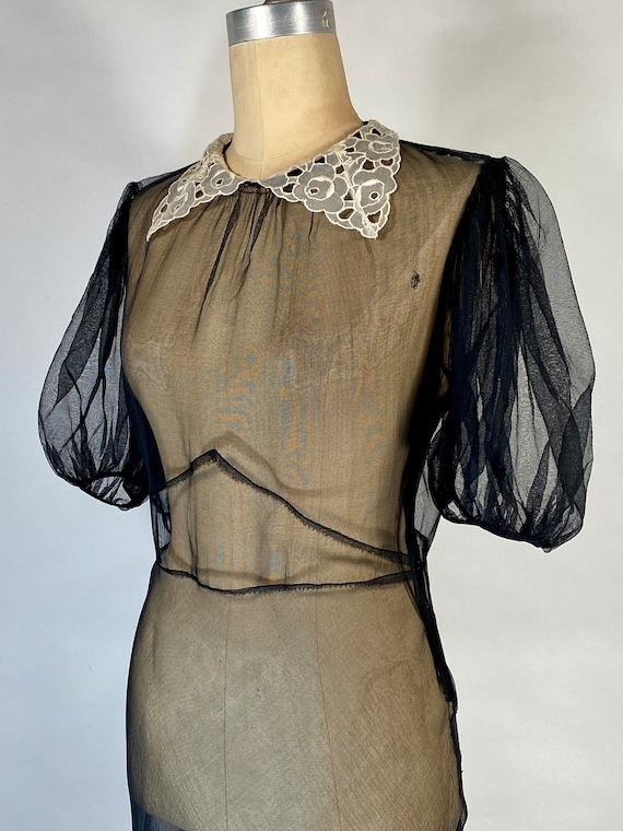Vintage 1930’s sheer black mesh bias cut silk gown wi… - Gem