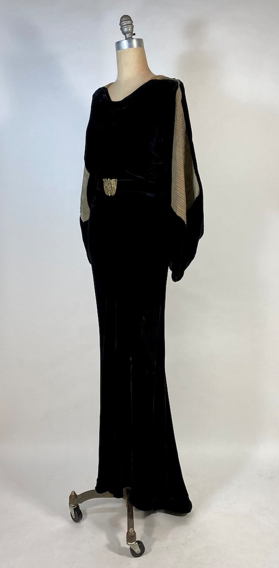 1930s vintage black silk bias cut gown with lamé pane… - Gem