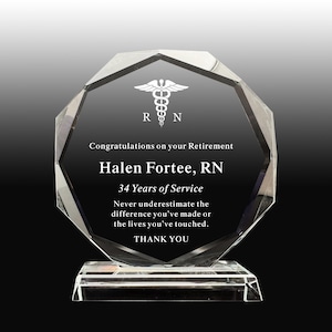 Personalized Crystal Nurse Retirement Plaque: Octagonal Award Trophy