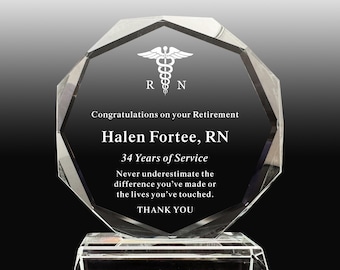 Personalisierter RN-Ruhestandspreis, individuell gravierte Kristalltrophäe, Anerkennung für Jahre