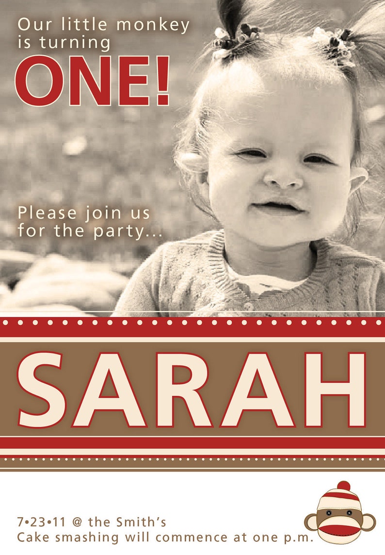6 - Sock Monkey birthday invitation Print Your Own