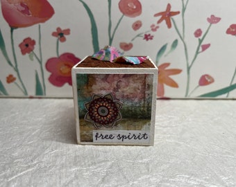 Blocks of Inspiration - Free Spirit. Wooden, collaged cube with affirmations, positive thoughts. Inspirational gifts. Gifts for her.