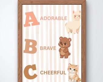 Kids Room Decor: ABCs - Positive Words with Animals Nursery Decor, Pink Theme (Digital Download)