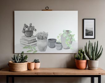 Wall Art for Gardener: Clay Pots with Botanicals, Flowers and Leaves, (Digital Download)