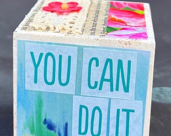 Inspirational Gifts - Surrender. Wooden, collaged cube with affirmations, positive thoughts. Inspirational gifts. Gifts for Grads.