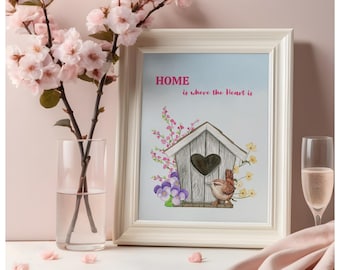 Housewarming Gift: Home is Where the Heart is with Birds and Flowers Wall Art (Digital)
