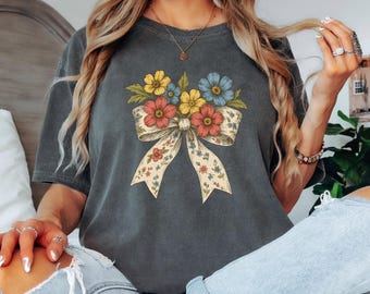 Floral Bow Shirt, Coquette Bow Shirt, Gift For Mom, Gift for Woman, Sping Floral Shirt, Boho Flower T-Shirt, Comfort Colors