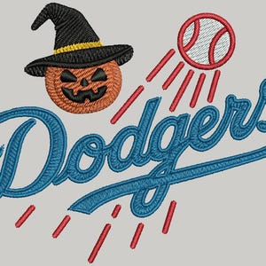 May include: Embroidered design featuring the word "Dodgers" in blue script, a baseball, and a jack-o'-lantern wearing a witch's hat. Red lines emanate from the baseball. The design is on a light gray background.