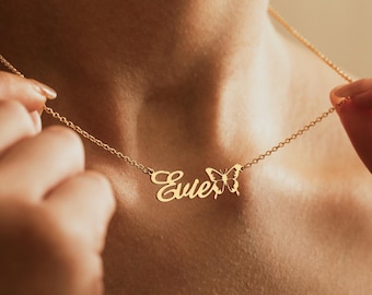 Collana con nome e farfalla, collana con nome in oro, gioielli con nome personalizzati, regalo di gioielli minimalisti per la mamma, regalo per ragazza, regalo di Natale