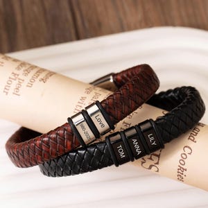 Pulsera de cuentas personalizada con nombre, pulsera para papá con nombre de familia, joyería para hombre, pulsera de cuero tejido, regalo de Navidad para esposo