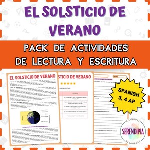 May include: A Spanish language educational resource titled "El Solsticio de Verano" (Summer Solstice). The orange and white design includes text and activity pages for reading and writing. A yellow starburst indicates the resource is for Spanish grades 3, 4 AP.