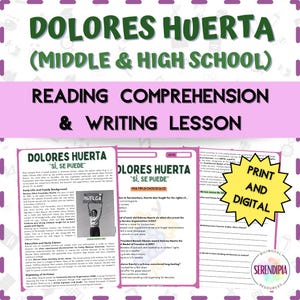 May include: Educational resource featuring Dolores Huerta, with text "Dolores Huerta (Middle & High School)" and "Reading Comprehension & Writing Lesson." Includes a biography, multiple-choice quiz, and a "Print and Digital" option.