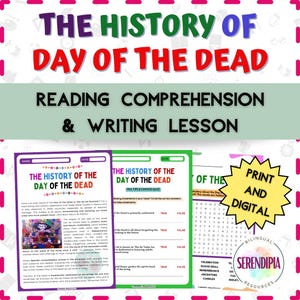 History Day of the Dead READING COMPREHENSION PRINTABLE | Dia de Muertos Reading Passage Ages 9-14 |Day of the Dead worksheets comprehension