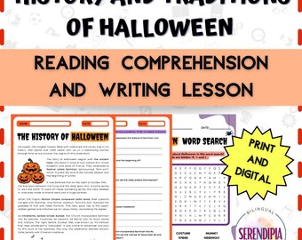 Geschichte von Halloween & Traditionen | Leseverstehen und SCHREIBEN Printables | Halloween-Leseverstehen Homeschool im Alter von 10-15 Jahren