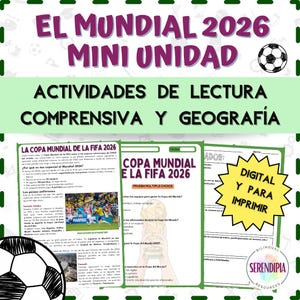 May include: A set of educational materials for the 2026 FIFA World Cup, featuring reading comprehension and geography activities. The design includes a soccer ball graphic and the text "Digital and to Print."