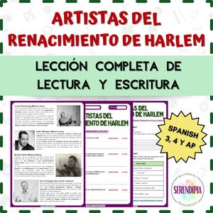 May include: A Spanish language educational resource titled "ARTISTAS DEL RENACIMIENTO DE HARLEM" with lesson plans for reading and writing. Includes images of Louis Armstrong, Duke Ellington, Bessie Smith, and Aaron Douglas.