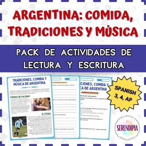 May include: Educational pack about Argentina, featuring the text "ARGENTINA: COMIDA, TRADICIONES Y MÚSICA". Includes reading and writing activities. The pack is designed for Spanish speakers in grades 3, 4, and AP.