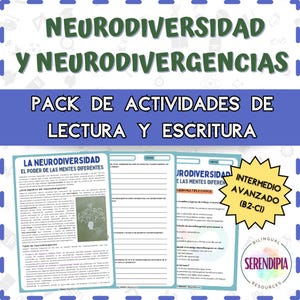 May include: A pack of reading and writing activities for intermediate to advanced Spanish learners. The pack includes two worksheets with the title "Neurodiversity: The Power of Different Minds" and "Neurodiversity: Multiple Choice Quiz". The worksheets are bilingual and feature a colorful design with a graphic of a brain with multiple branches.