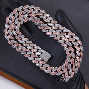 14mm 2 Tone Miami Cuban Link Baguette Chain Rose Gold White Gold VVS Clarity Iced Out Cuban Necklace Icy Cuban Bracelet Hip Hop Jewelry