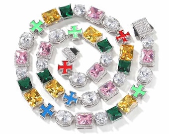 10mm Multi Color Gemstone Clustered Tennis Necklace Cluster Cross Bracelet 14K White Gold Custom Made Handmade Jeweler Iced Out Tennis Chain