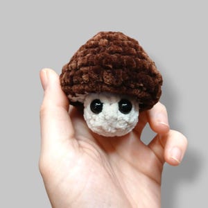 Könnte beinhalten: Ein handgefertigtes gehäkeltes Pilzspielzeug mit braunem Hut und weißem Stiel. Der Pilz hat große, schwarze Wackelaugen. Das Spielzeug ist aus weichem, strukturiertem Garn gefertigt und wird in einer Hand vor grauem Hintergrund gehalten.